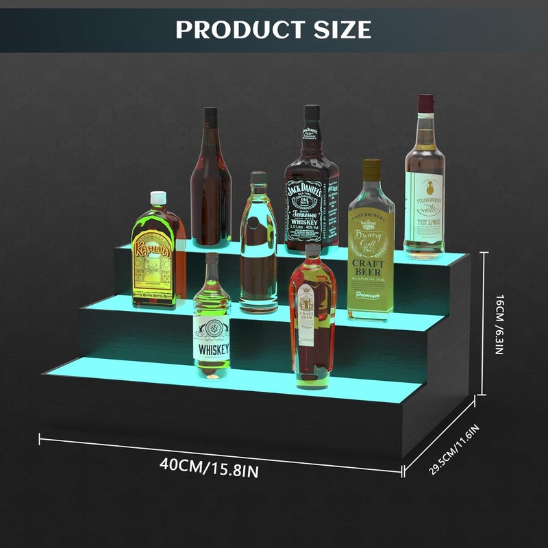 upcessory LED Lighted Liquor Bottle Display Shelf, 3 Tier 16 Inch Alcohol Whiskey Wood Rack Stand Tray for Home Bar Living Room Accessories and Decor, Bourbon Shelf for 12 Bottles - Image 3